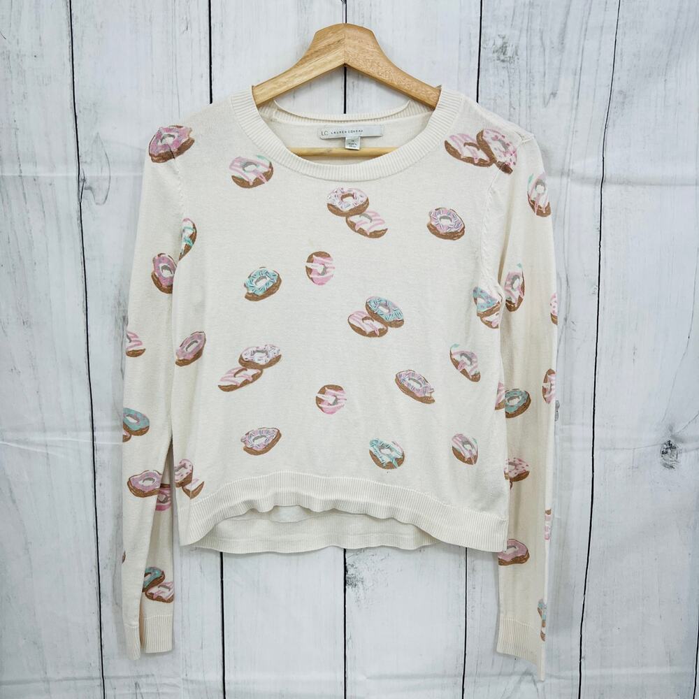 LC Lauren Conrad MEDIUM Pink Cream Donut Crop Knit Sweater Long Sleeve Beaded